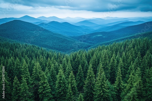 Obraz na płótnie Lush green forest stretches across rolling mountains under moody w salonie