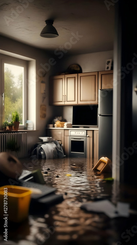 Flooded Kitchen 3D Illustra...