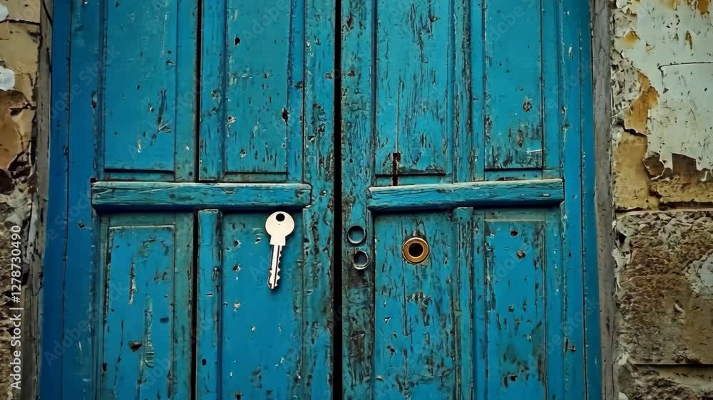 Old blue wooden door with visible wear and a key hanging inviting exploration of hidden spaces Old blue wooden door with visible wear and a key hanging inviting exploration of hidden spaces