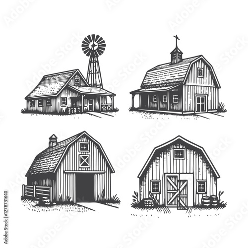 Hand drawn illustration of Hand Drawn Sketch Farm Barns Illustration featuring detailed vintage style artwork for design and artistic projects