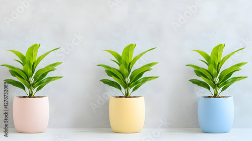 Wallpaper Mural Three potted plants, pastel pots, grey wall background.  Home decor, website design Torontodigital.ca