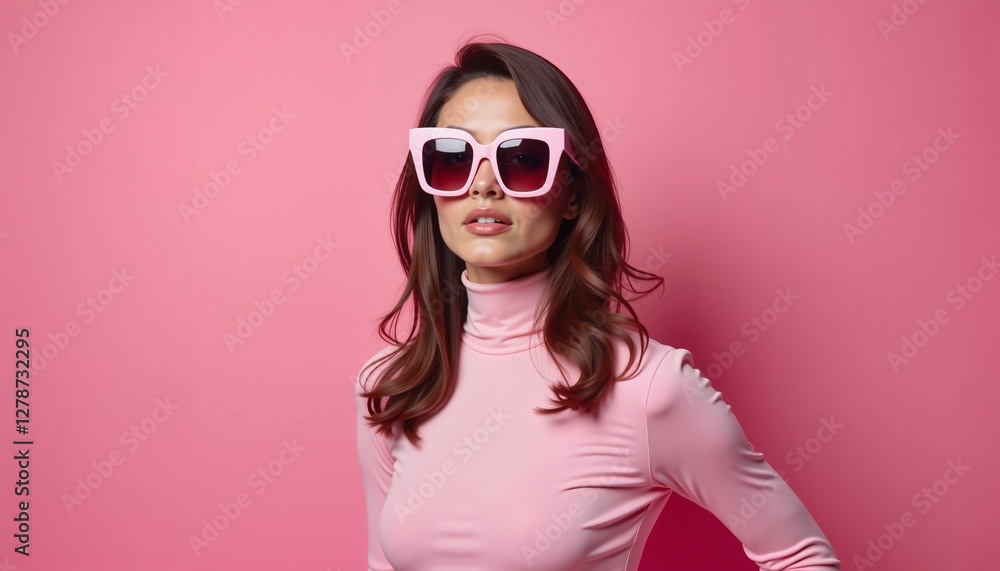 Fototapeta premium Stylish woman in pink outfit and sunglasses posing on pink background, fashion advertisement