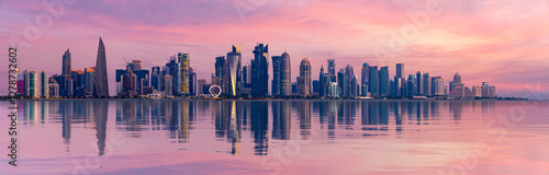 The Panoramic skyline of Doha, Qatar during sunrise
