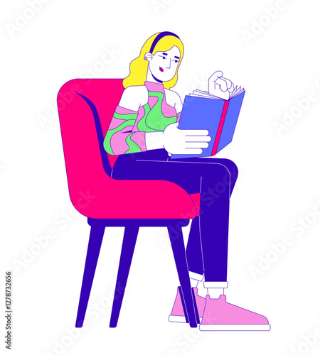 Y2k woman reading book in cozy chair 2D cartoon character. Self improvement. Comfortable seating reader female bookworm isolated person flat vector on white background. Spot illustration colorful