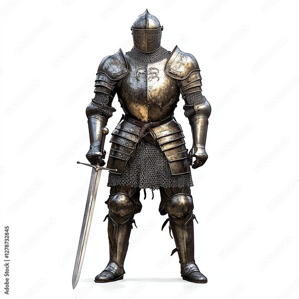 Medieval knight in armor with sword, white isolate background. Medieval knight in armor with sword, white isolate background.