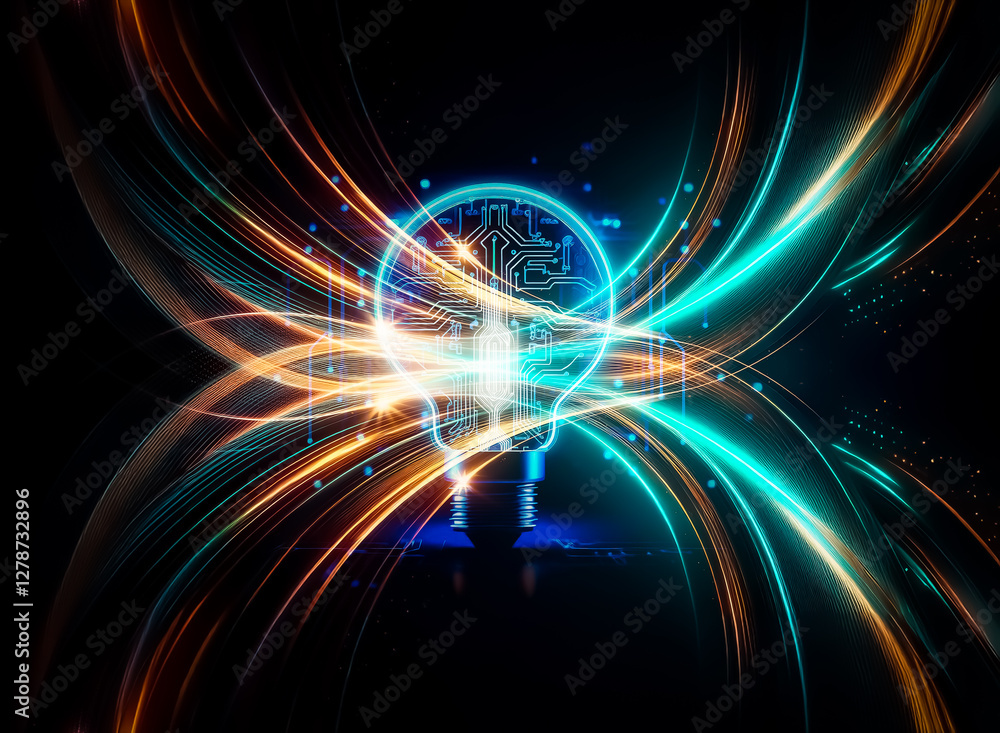 Obraz premium A glowing lightbulb with a circuit board design inside, symbolizing innovative technology and bright ideas. Digital circuitry flows around the bulb, set against a dark blue background.