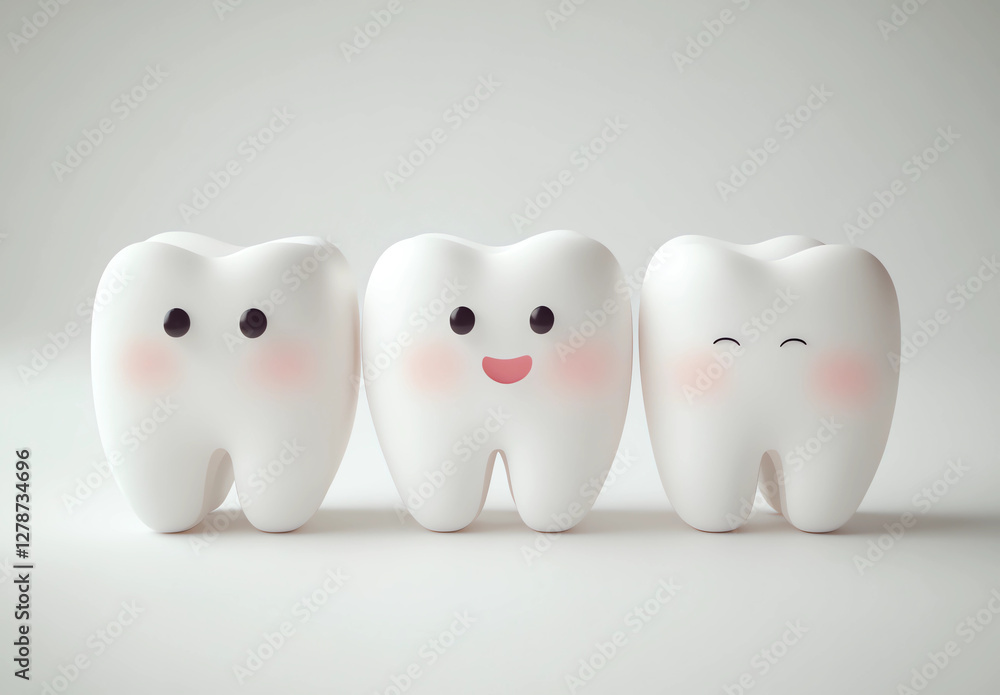 Three cartoon teeth are smiling and looking at the camera Three cartoon teeth are smiling and looking at the camera