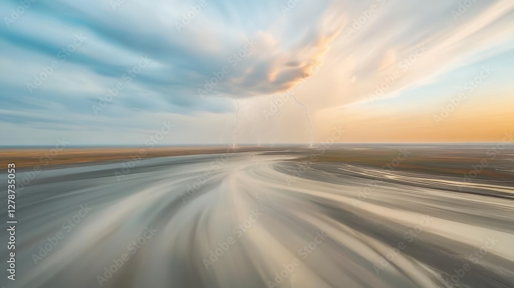 Powerful Electrical Storm Above a Plain Landscape with Dramatic Clouds and Natural Light Reflections Powerful Electrical Storm Above a Plain Landscape with Dramatic Clouds and Natural Light Reflections