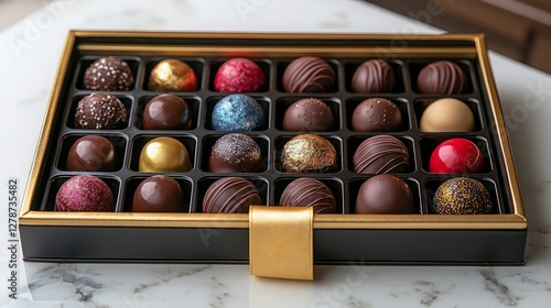 Assorted chocolates in a luxury box on marble photo