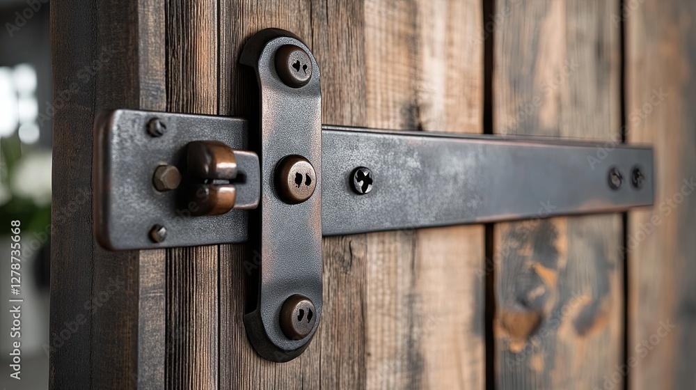 A rugged industrial-style door handle made from raw iron is set on a reclaimed barn door. A rugged industrial-style door handle made from raw iron is set on a reclaimed barn door.