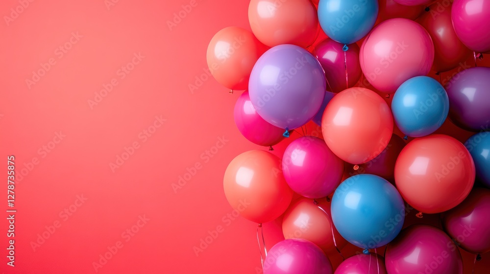 Colorful balloons float, red background, celebration Colorful balloons float, red background, celebration