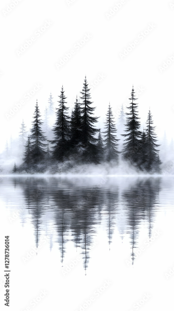Fototapeta premium Misty Pines Reflection 3D Illustration