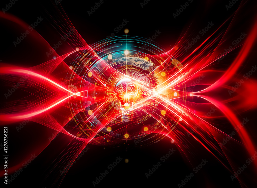 Obraz premium Bright light bulb in center, encircled by concentric circles of lights and dots on dark background, symbolizing innovation and interconnected ideas.