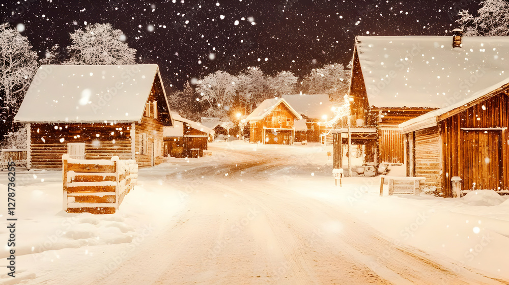 Fototapeta premium Snowy Village Night Background Illustration