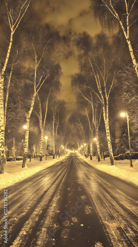 Snowy Night Road, Winter Bi...
