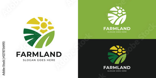Simple farmland logo template. Rural landscape vector design. Farm food badge logo design template.