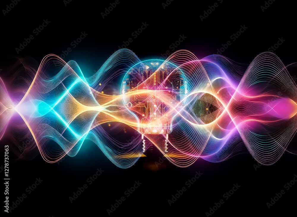 Fototapeta premium A glowing lightbulb with integrated circuit board design, emitting a futuristic, ethereal glow against a dark background. The image symbolizes innovation and technological advancement.