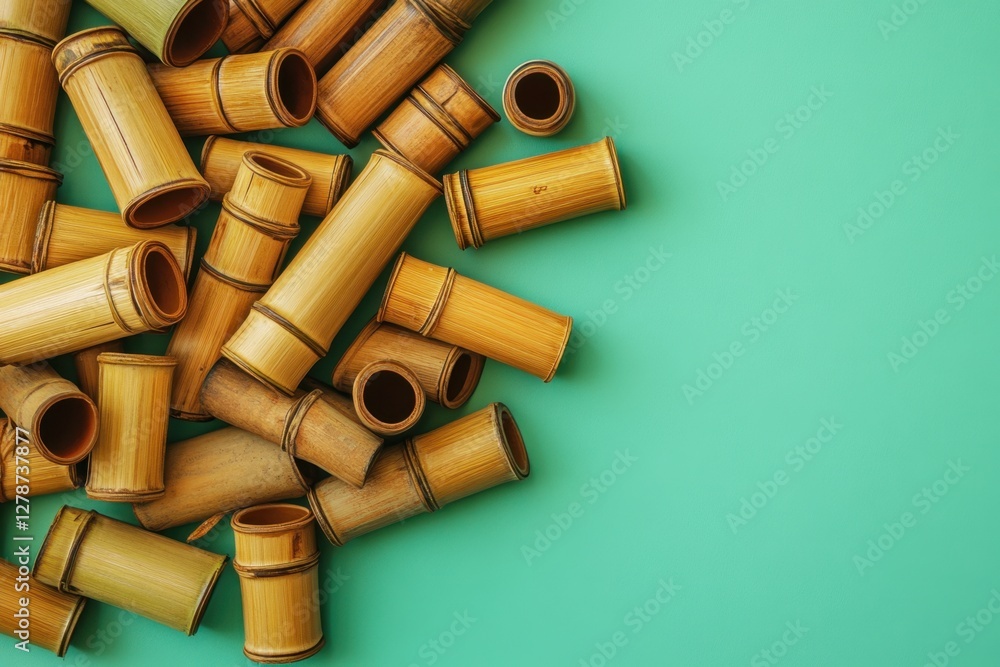 Many bamboo tubes are spread out on a teal background Many bamboo tubes are spread out on a teal background