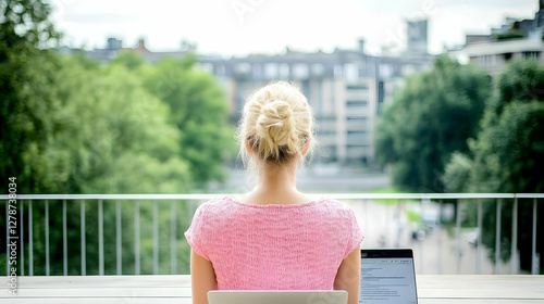 Woman at Balcony Laptop Vie...