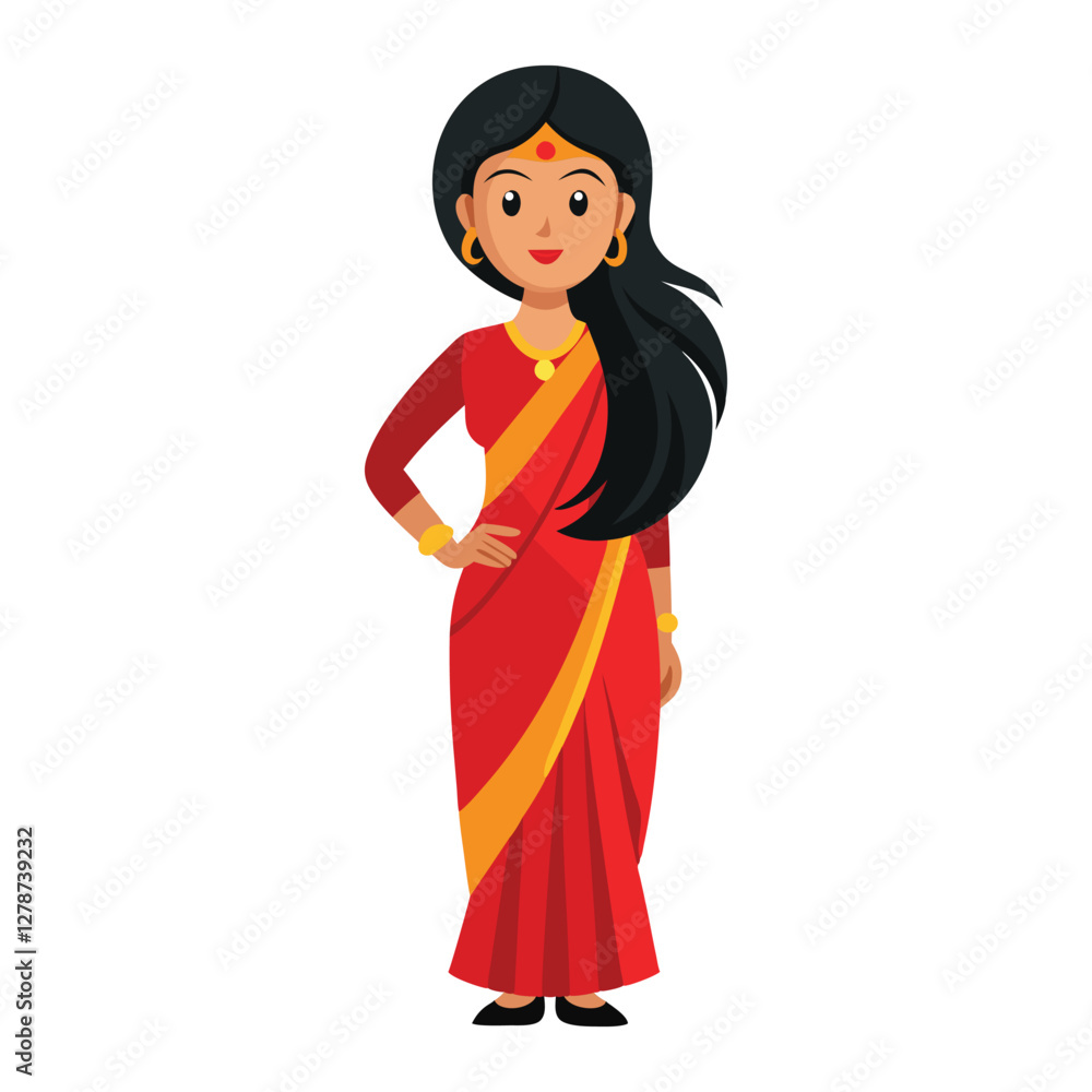 Vector illustration of a modern Indian woman in a red sari isolated on a white background Vector illustration of a modern Indian woman in a red sari isolated on a white background