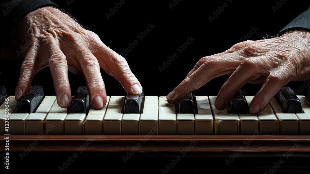 Fototapeta premium Aged hands playing piano keys, dark background