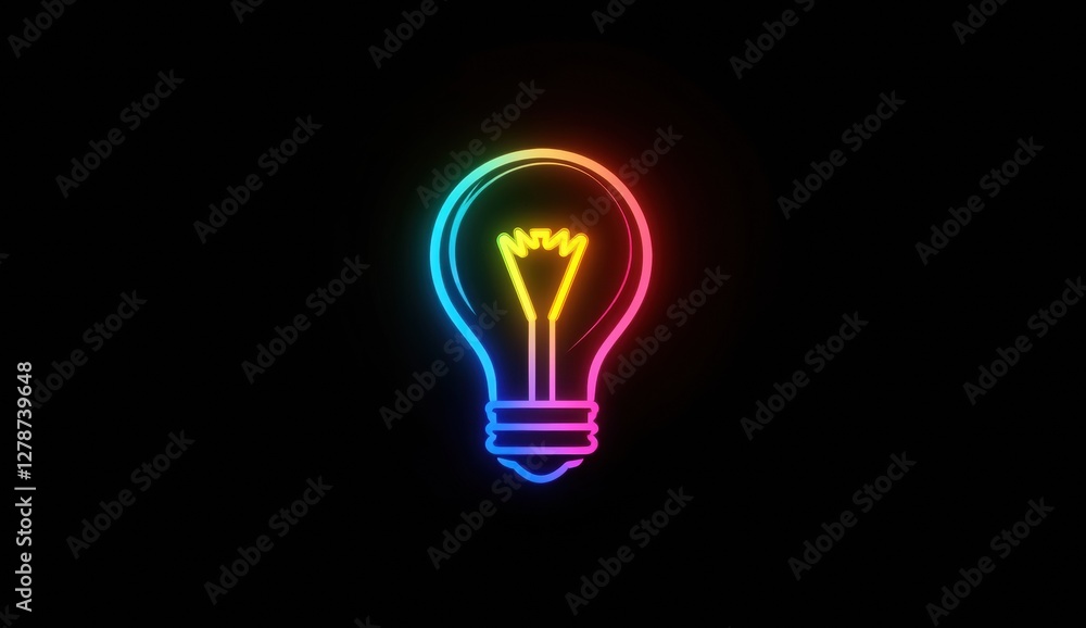 3D render of a light bulb icon on a black background, with a neon light effect, holographic style, and rainbow colors