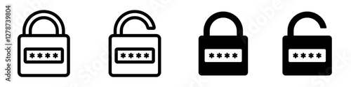 Protection lock icon. Padlock with password icon collection. Locked and unlocked padlock in line and flat design. Vector illustration. Editable stroke EPS 10