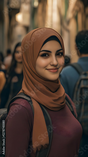 Smiling Woman in Brown Hija...