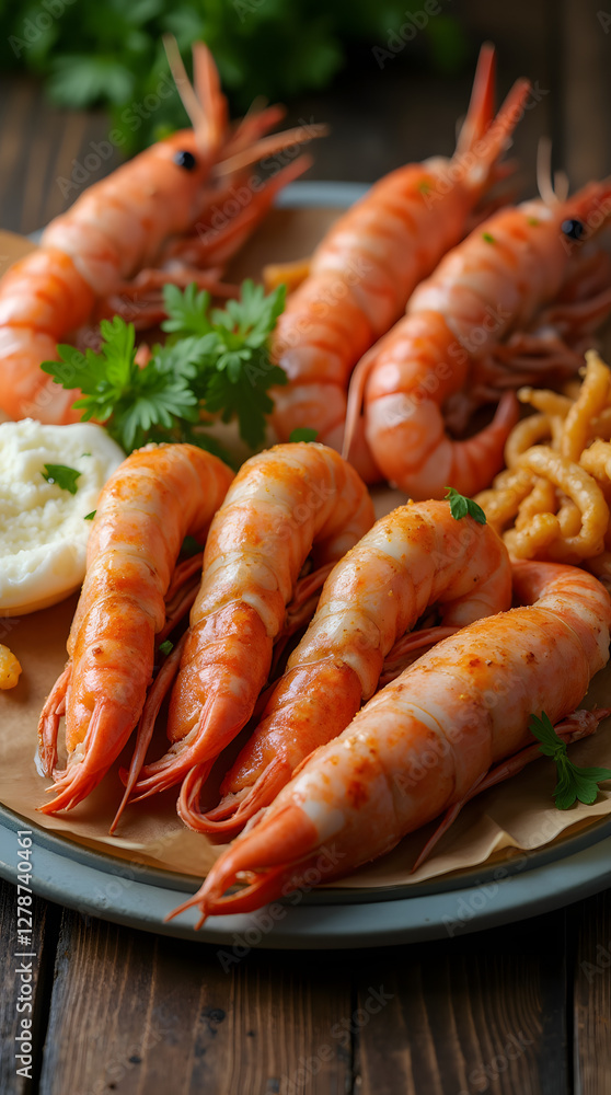 Exquisite seafood platter with shrimp and gourmet delicacies artfully arranged on a rustic wooden table, creating a visually appetizing feast. Exquisite seafood platter with shrimp and gourmet delicacies artfully arranged on a rustic wooden table, creating a visually appetizing feast.