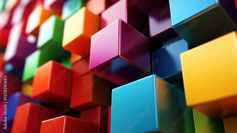 Connected colorful cubes are rendered in 3D, showcasing their vibrant hues and intricate interconnections. Connected colorful cubes are rendered in 3D, showcasing their vibrant hues and intricate interconnections.