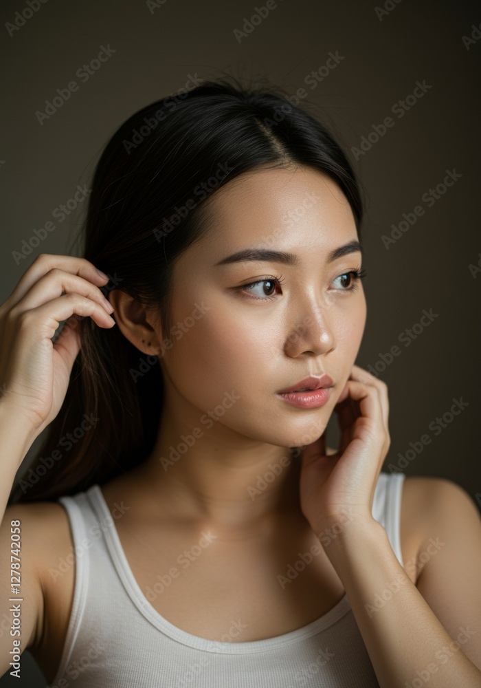 Obraz premium Asian woman touches face near her ears, portrait natural light beauty