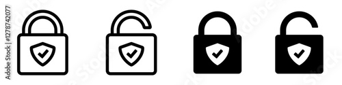 Safe protection lock icon. Padlock with shield and tick. Locked and unlocked padlock in line and flat design. Vector illustration. Editable stroke EPS 10