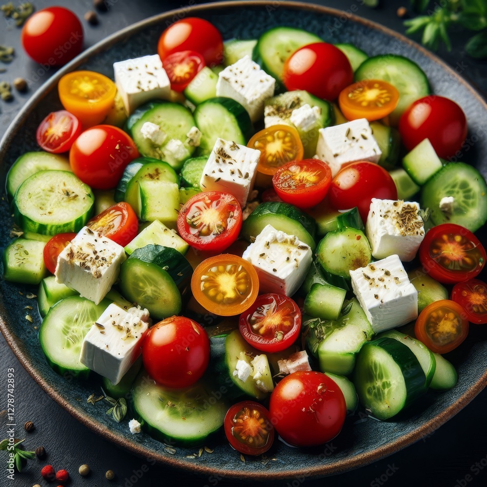 A close-up shot shows a vibrant salad composed of cubed feta cheese, cherry tomatoes, and cucumber slices, artfully arranged on a dark-colored plate.
A close-up shot shows a vibrant salad composed of cubed feta cheese, cherry tomatoes, and cucumber slices, artfully arranged on a dark-colored plate.