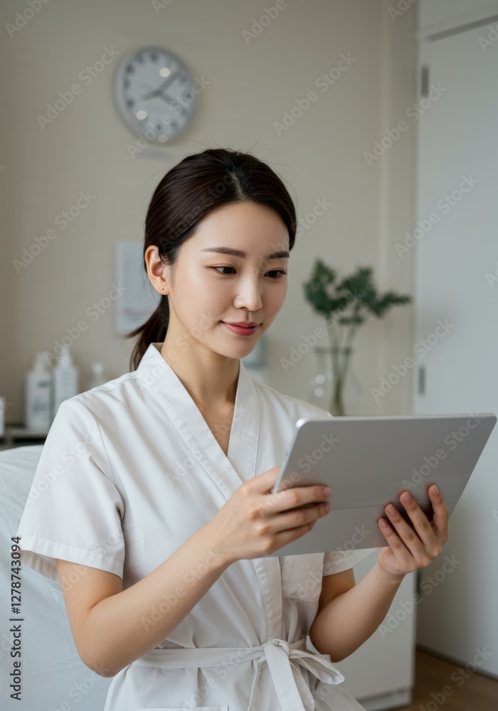 Asian Beautician Holding a Tablet, Modern Beauty Clinic, Digital Healthcare, Skin Treatment Asian Beautician Holding a Tablet, Modern Beauty Clinic, Digital Healthcare, Skin Treatment