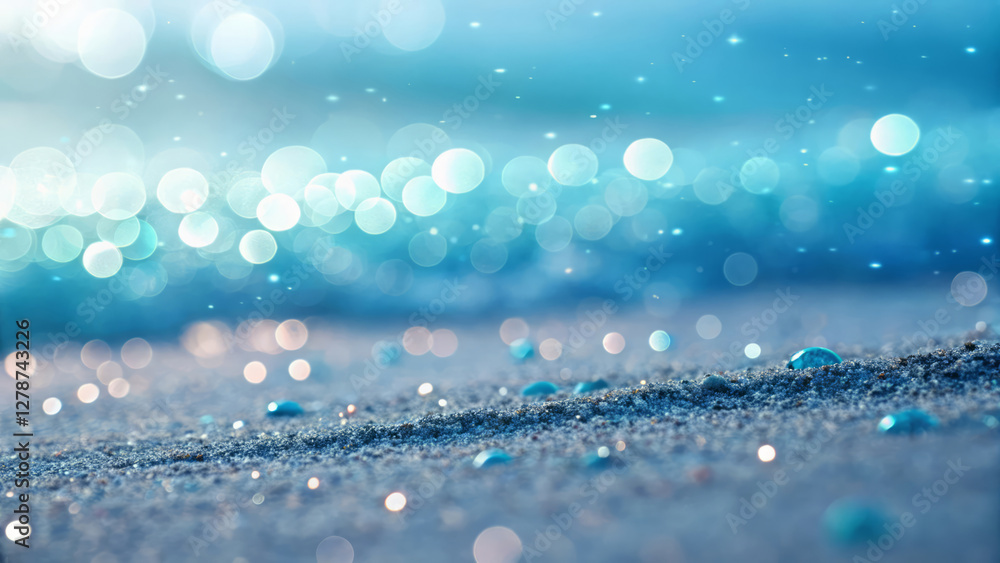 Fototapeta premium Serene Beach Close-Up: Water Droplets and Bokeh Lights