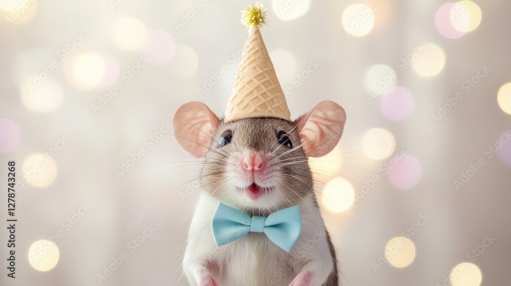 Fototapeta premium Cute pet mouse wearing party hat and bow tie celebrating birthday with festive decorations in background joyful celebration animal photography.