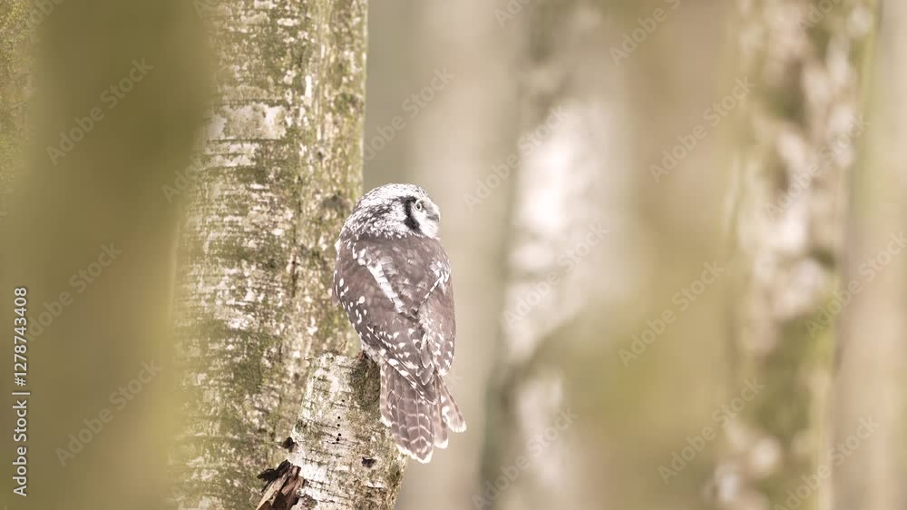 Snowy winter scene with hawk owl, larch tree. Hawk Owl in nature forest habitat, white birch tree, during cold winter, Norway. Wildlife scene from nature.  Nature of north Europe. Bird in forest.