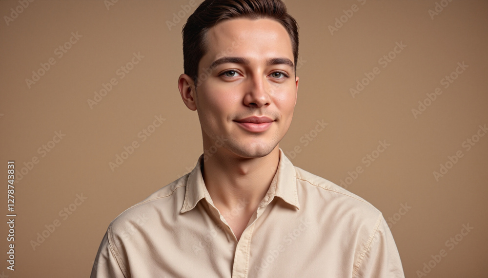Young man with short dark hair and dewy complexion smiling softly against neutral background Young man with short dark hair and dewy complexion smiling softly against neutral background