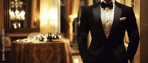 A sophisticated man in a tuxedo stands in an elegant dining room, exuding class and mystery amidst soft-lit grandeur.