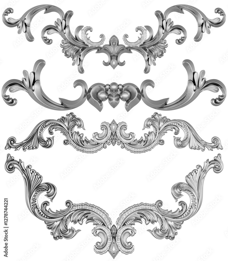 Silver ornament on white background, 3D render
Silver ornament on white background, 3D render