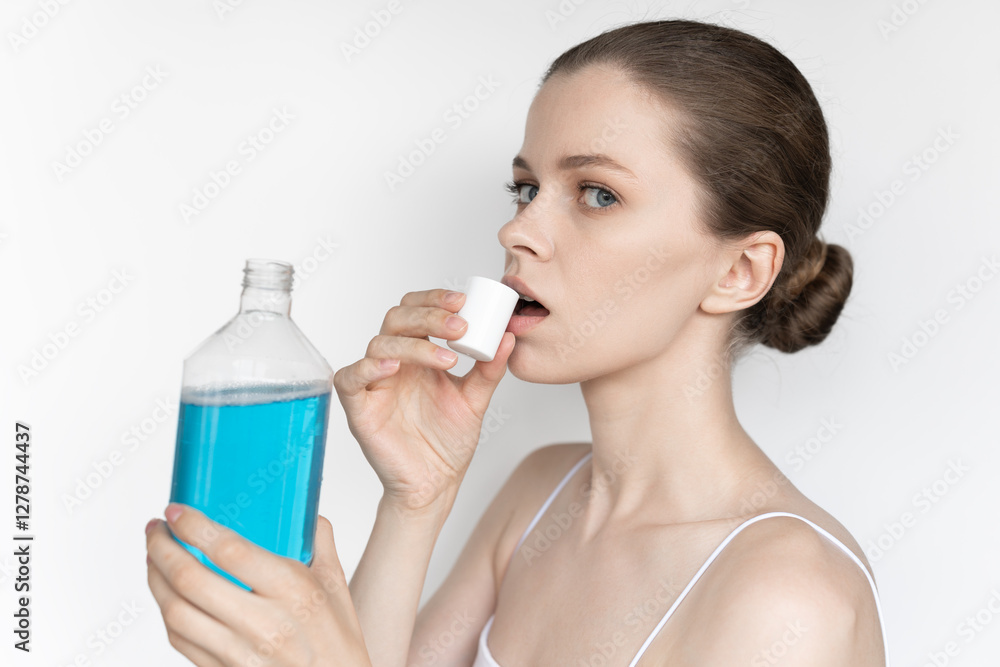 Young beautiful woman is using blue mouthwash on white background, close-up portrait
Young beautiful woman is using blue mouthwash on white background, close-up portrait