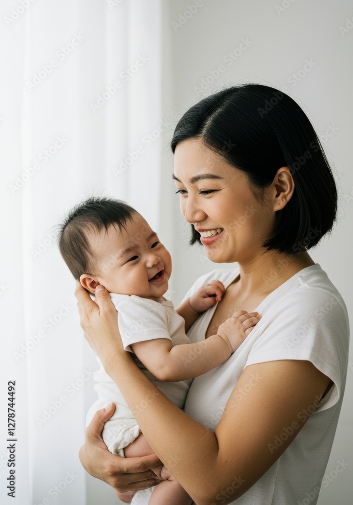 Loving Asian Mother Holds Smiling Newborn Baby Boy Close, White Background, Parenthood Moment Loving Asian Mother Holds Smiling Newborn Baby Boy Close, White Background, Parenthood Moment