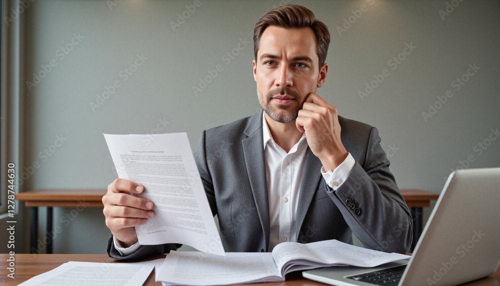 Frustrated businessman analyzing reports at a cluttered desk in a corporate office Frustrated businessman analyzing reports at a cluttered desk in a corporate office