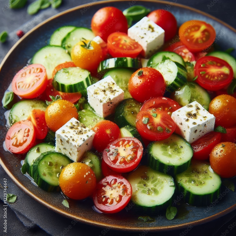 A close-up shot shows a vibrant salad composed of cubed feta cheese, cherry tomatoes, and cucumber slices, artfully arranged on a dark-colored plate.
A close-up shot shows a vibrant salad composed of cubed feta cheese, cherry tomatoes, and cucumber slices, artfully arranged on a dark-colored plate.