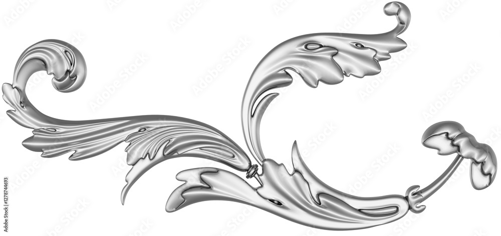 Fototapeta premium Silver ornament on white background, 3D render