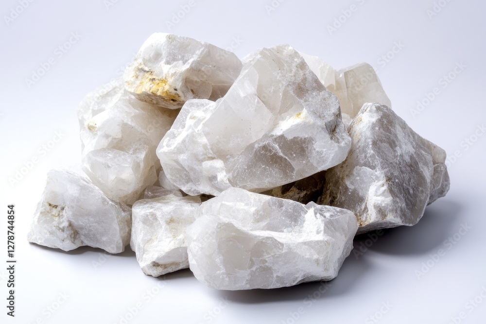 Pile of raw white moonstone rocks against a white backdrop Pile of raw white moonstone rocks against a white backdrop