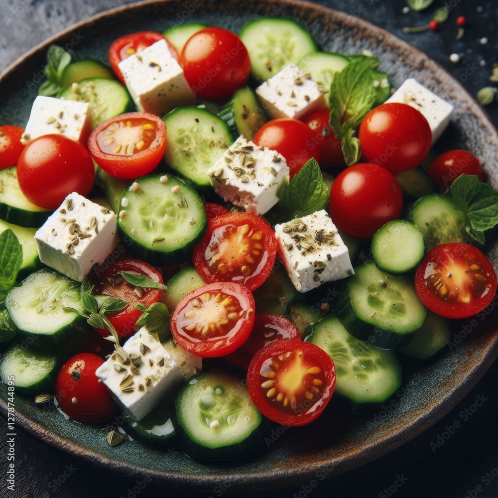 A close-up shot shows a vibrant salad composed of cubed feta cheese, cherry tomatoes, and cucumber slices, artfully arranged on a dark-colored plate.
A close-up shot shows a vibrant salad composed of cubed feta cheese, cherry tomatoes, and cucumber slices, artfully arranged on a dark-colored plate.