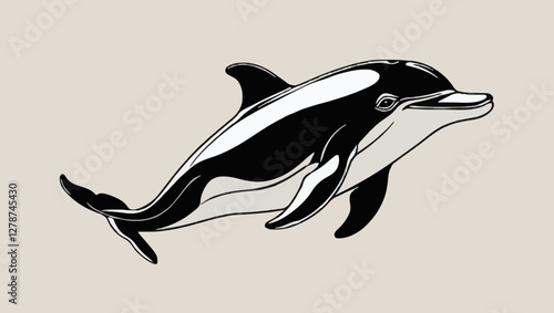 Swimming Dolphin in Black and White with Sleek Body Against a Light Beige Background