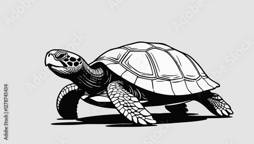 Walking Tortoise Illustration in Black and White with Detailed Shell Against a Plain Background