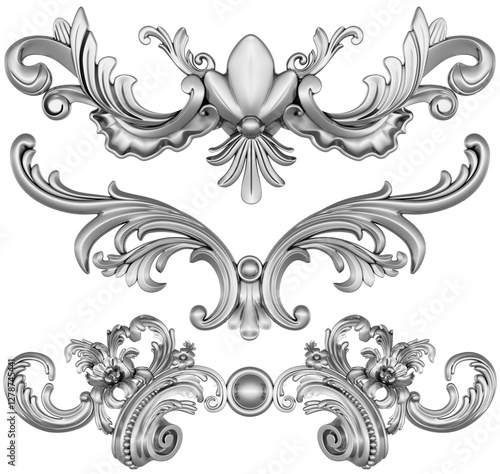 Silver ornament on white background, 3D render
